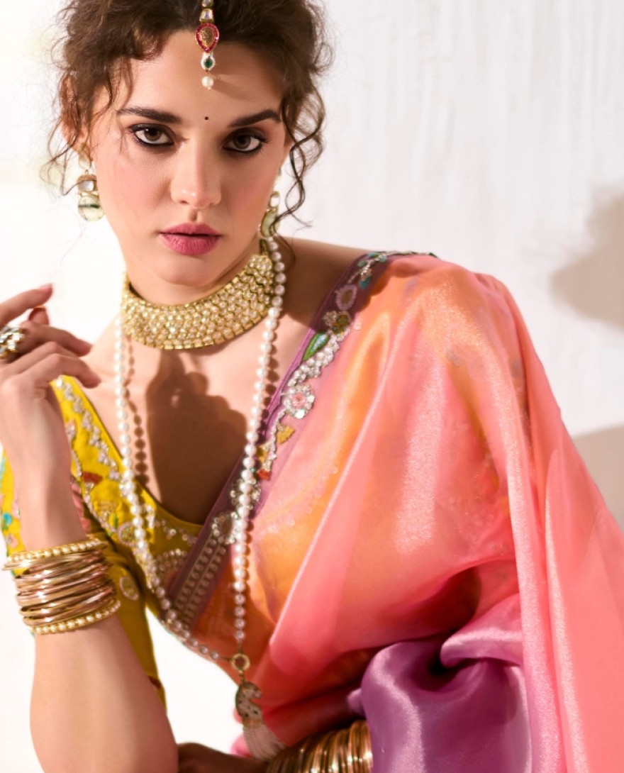 2220 - RAVISHING PEACH & PURPLE SHADED TISSUE SILK BRIDESMAID SAREE WITH BLOUSE